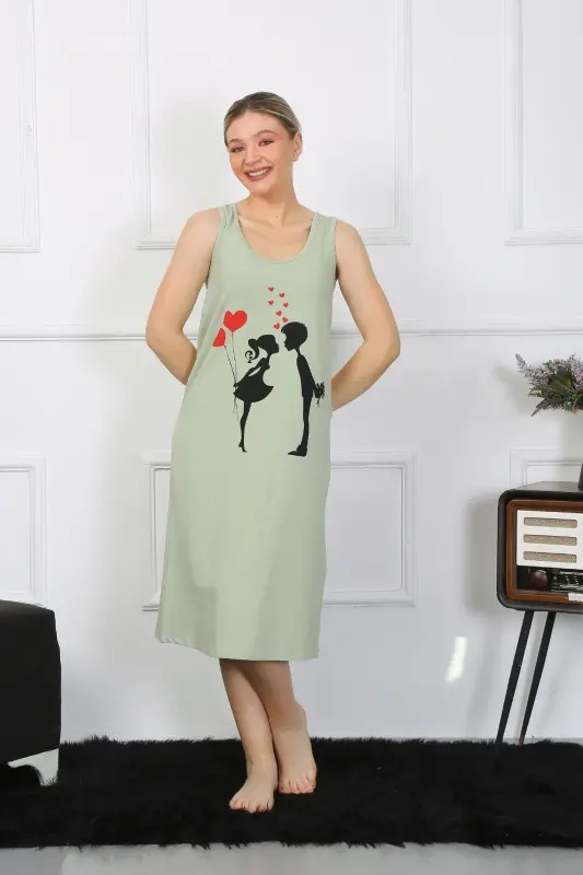 Akbeniz Women's Thick Strap Jersey Long Pistachio Green Nightdress 12001 - 1