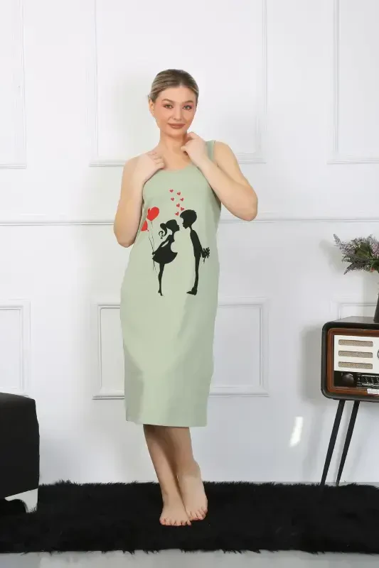 Akbeniz Women's Thick Strap Jersey Long Pistachio Green Nightdress 12001 - 2