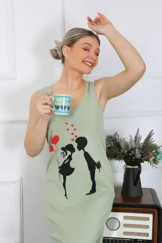 Akbeniz Women's Thick Strap Jersey Long Pistachio Green Nightdress 12001 - 4