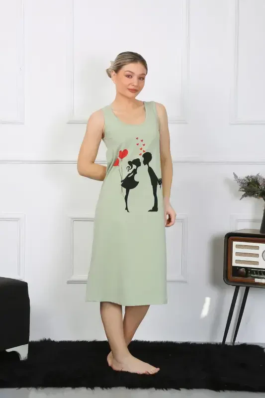 Akbeniz Women's Thick Strap Jersey Long Pistachio Green Nightdress 12001 - 5