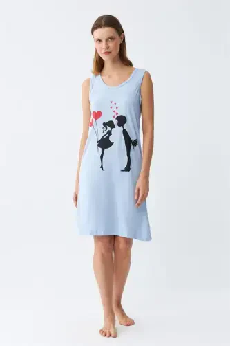 Akbeniz Women's Thick Strap Knit Knee Length Blue Nightgown 11310 - 1