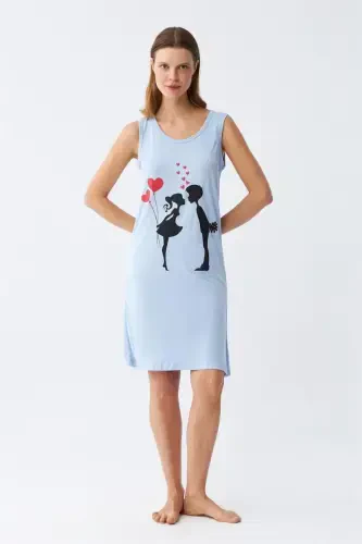 Akbeniz Women's Thick Strap Knit Knee Length Blue Nightgown 11310 - AKBENIZ (1)