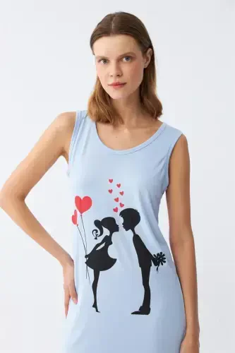 Akbeniz Women's Thick Strap Knit Knee Length Blue Nightgown 11310 - 3