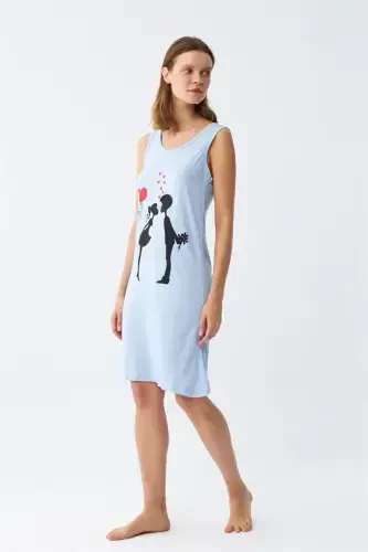 Akbeniz Women's Thick Strap Knit Knee Length Blue Nightgown 11310 - 4