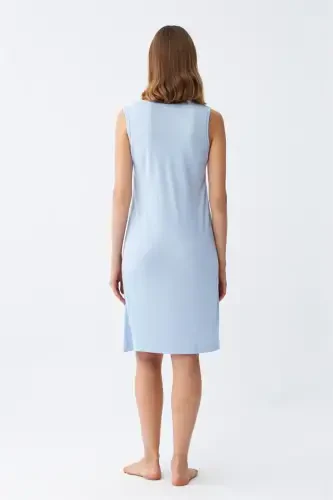Akbeniz Women's Thick Strap Knit Knee Length Blue Nightgown 11310 - 5