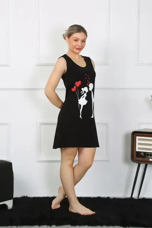 Akbeniz Women's Thick Strap Knitted Knee Length Black Nightdress 11310 - 2