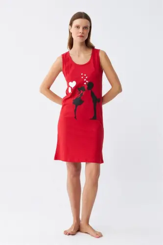 Akbeniz Women's Thick Strap Knitted Knee Length Red Nightdress 11310 - 1