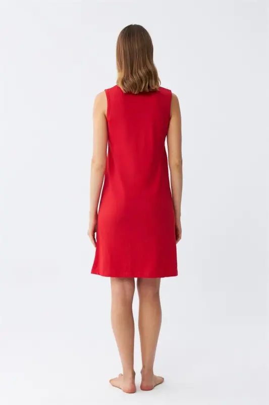 Akbeniz Women's Thick Strap Knitted Knee Length Red Nightdress 11310 - 5