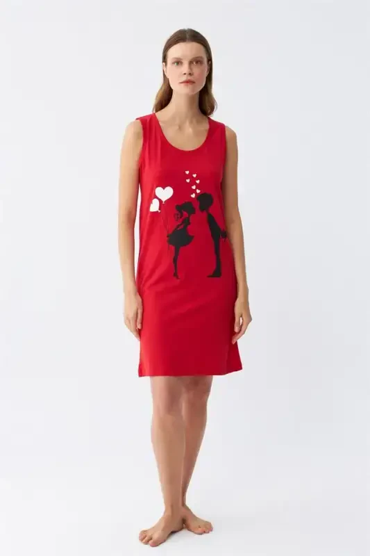 Akbeniz Women's Thick Strap Knitted Knee Length Red Nightdress 11310 - 2