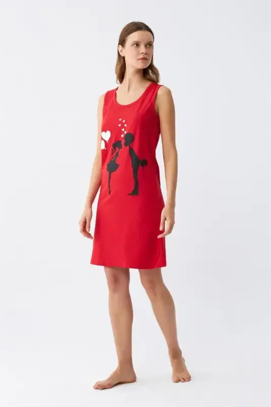 Akbeniz Women's Thick Strap Knitted Knee Length Red Nightdress 11310 - 3