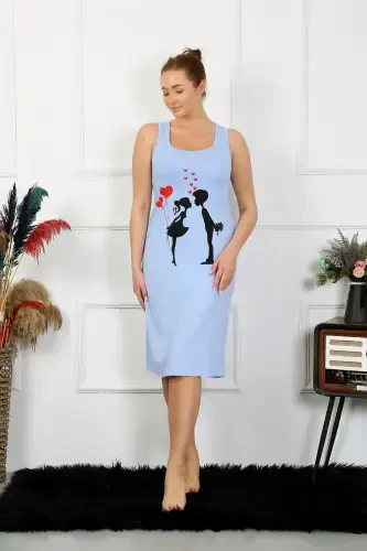 Akbeniz Women's Thick Strap Knitted Long Blue Nightgown 12001 - 2