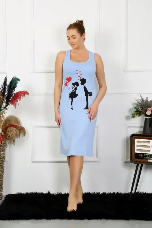 Akbeniz Women's Thick Strap Knitted Long Blue Nightgown 12001 - 2