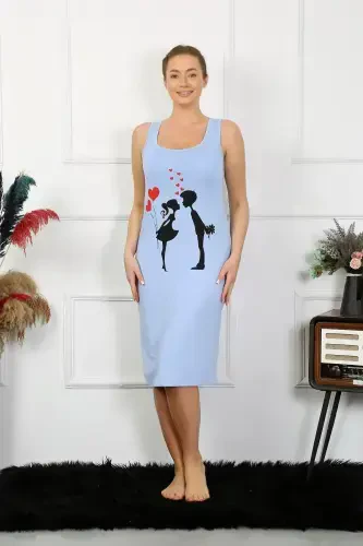 Akbeniz Women's Thick Strap Knitted Long Blue Nightgown 12001 - 3