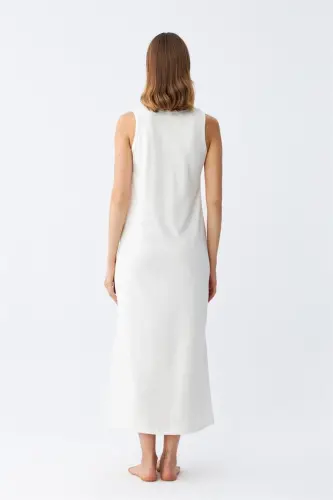 Akbeniz Women's Thick Strap Knitted Long Ecru Nightdress 12001 - 5