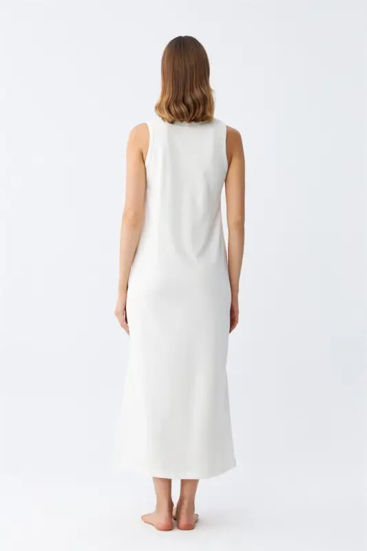 Akbeniz Women's Thick Strap Knitted Long Ecru Nightdress 12001 - 5