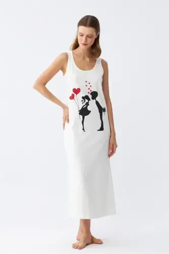 Akbeniz Women's Thick Strap Knitted Long Ecru Nightdress 12001 