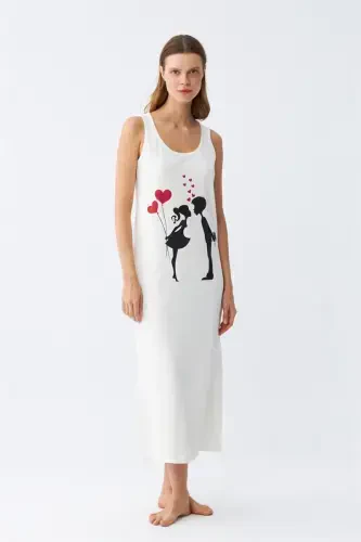 Akbeniz Women's Thick Strap Knitted Long Ecru Nightdress 12001 - 2