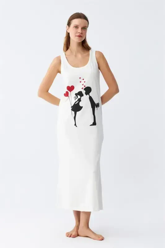 Akbeniz Women's Thick Strap Knitted Long Ecru Nightdress 12001 - 3