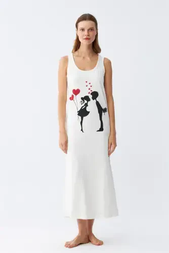 Akbeniz Women's Thick Strap Knitted Long Ecru Nightdress 12001 - 4