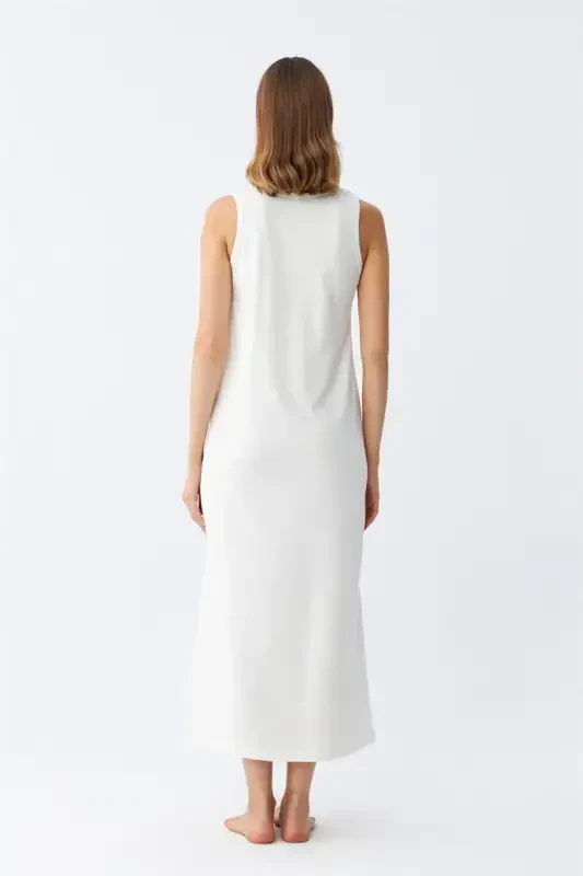 Akbeniz Women's Thick Strap Knitted Long Ecru Nightdress 12001 - 5