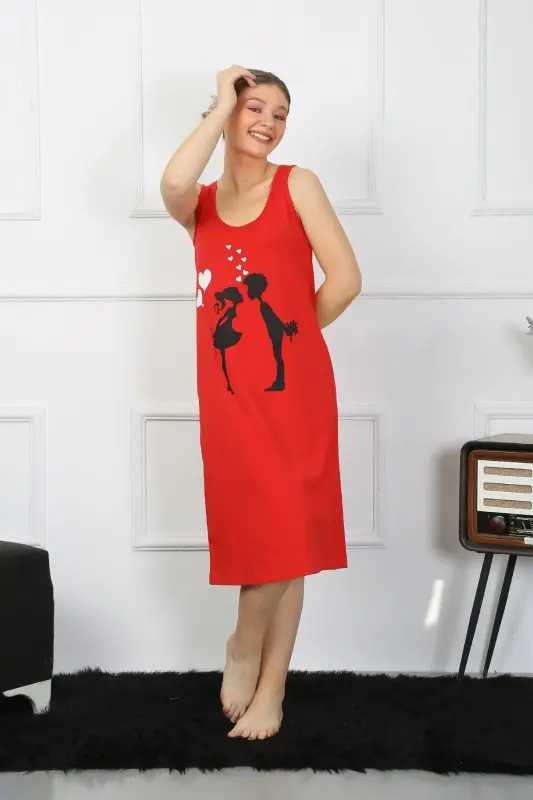 Akbeniz Women's Thick Strap Knitted Long Red Nightgown 12001 - 4