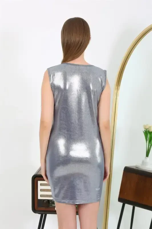 Akbeniz Women's Thick Strap Short Shiny Micro Home Dress Nightdress 7417 Gray - 5