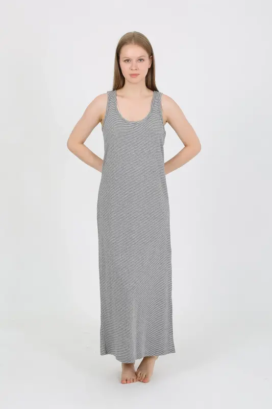 Akbeniz Women's Thick Strap Slit Long Gray Nightdress 90110 - 2