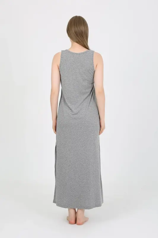 Akbeniz Women's Thick Strap Slit Long Gray Nightdress 90110 - 3