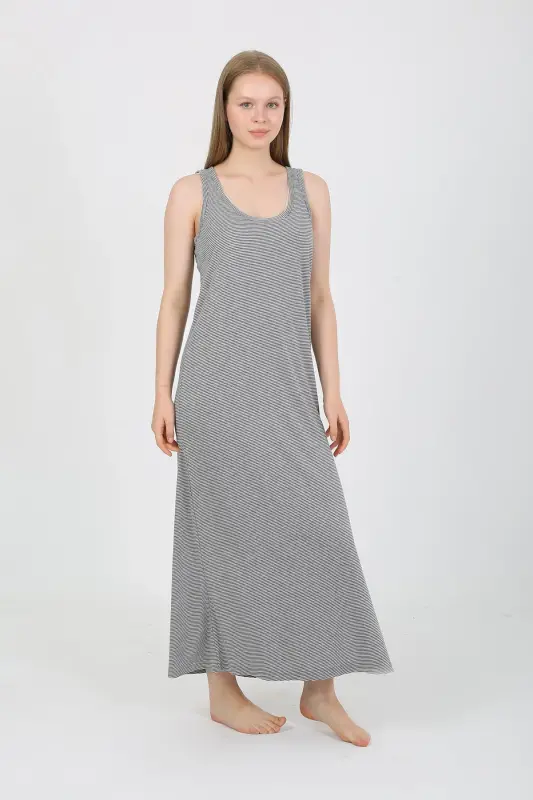 Akbeniz Women's Thick Strap Slit Long Gray Nightdress 90110 - 4