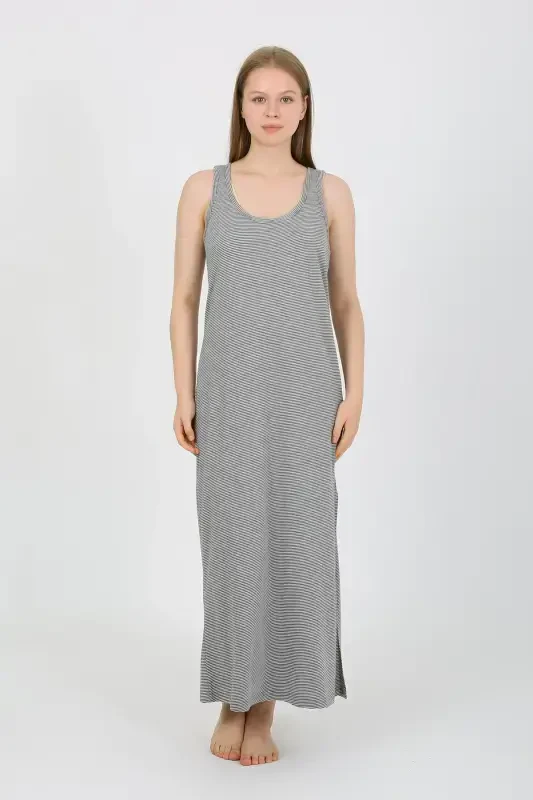 Akbeniz Women's Thick Strap Slit Long Gray Nightdress 90110 - AKBENIZ