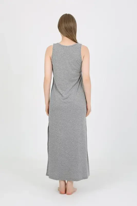 Akbeniz Women's Thick Strap Slit Long Gray Nightdress 90110 - 3