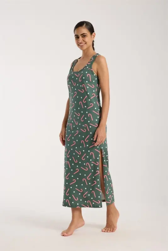 Akbeniz Women's Thick Strap Slit Long Green Nightgown - 1