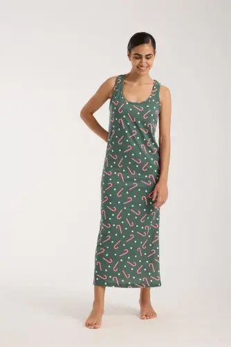 Akbeniz Women's Thick Strap Slit Long Green Nightgown - 3