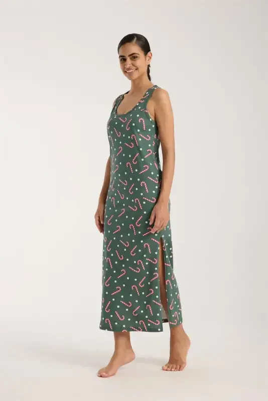 Akbeniz Women's Thick Strap Slit Long Green Nightgown - AKBENIZ