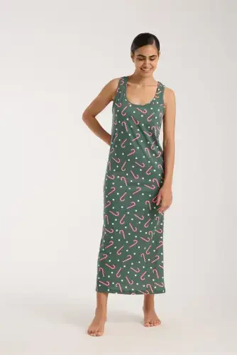 Akbeniz Women's Thick Strap Slit Long Green Nightgown - 3