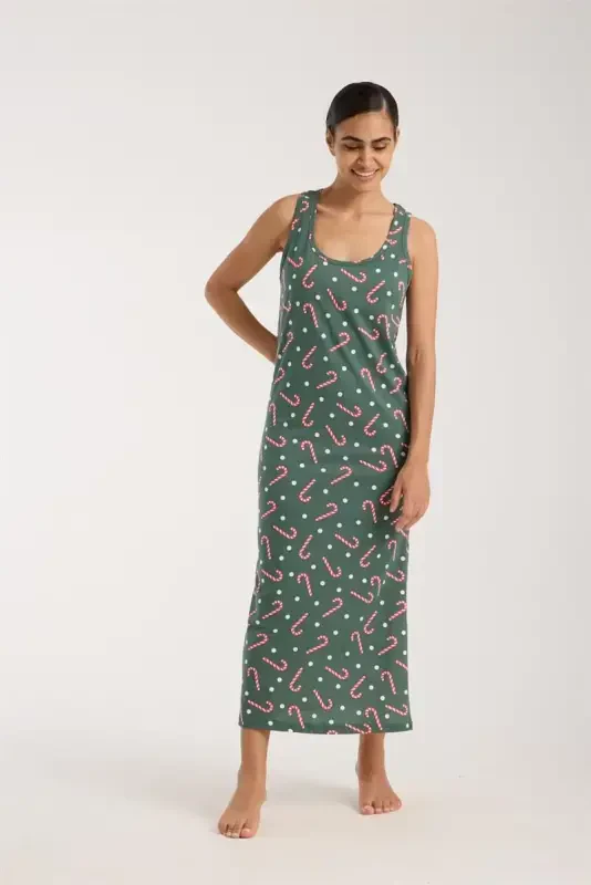 Akbeniz Women's Thick Strap Slit Long Green Nightgown - 3