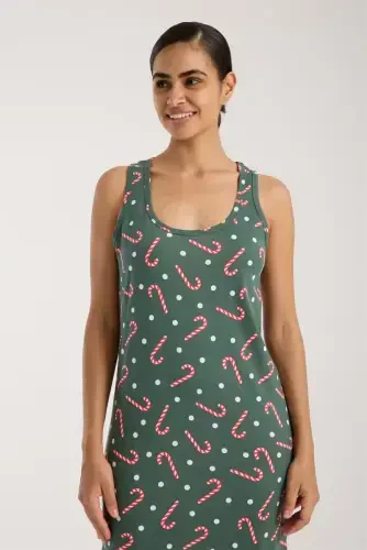 Akbeniz Women's Thick Strap Slit Long Green Nightgown - 4