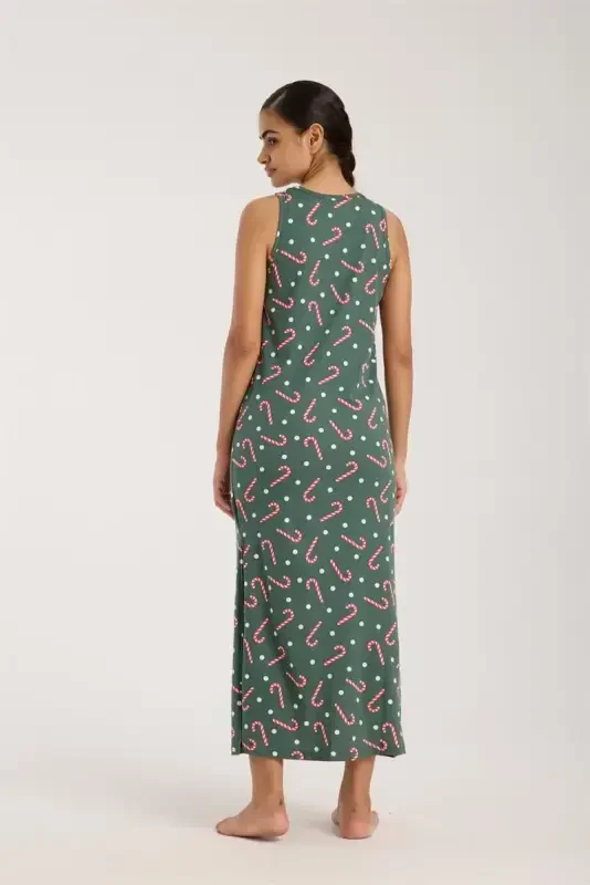 Akbeniz Women's Thick Strap Slit Long Green Nightgown - 5