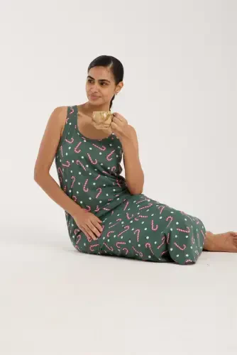 Akbeniz Women's Thick Strap Slit Long Green Nightgown - 6