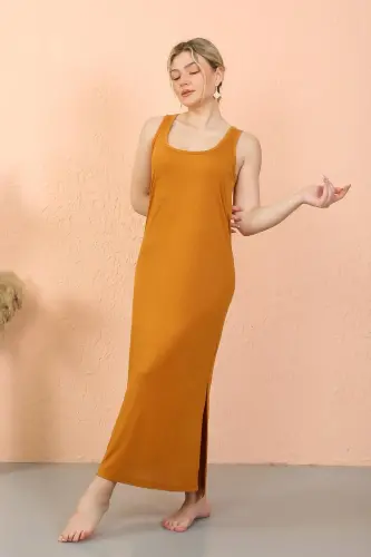 Akbeniz Women's Thick Strap Slit Long Mustard Nightgown 90110 