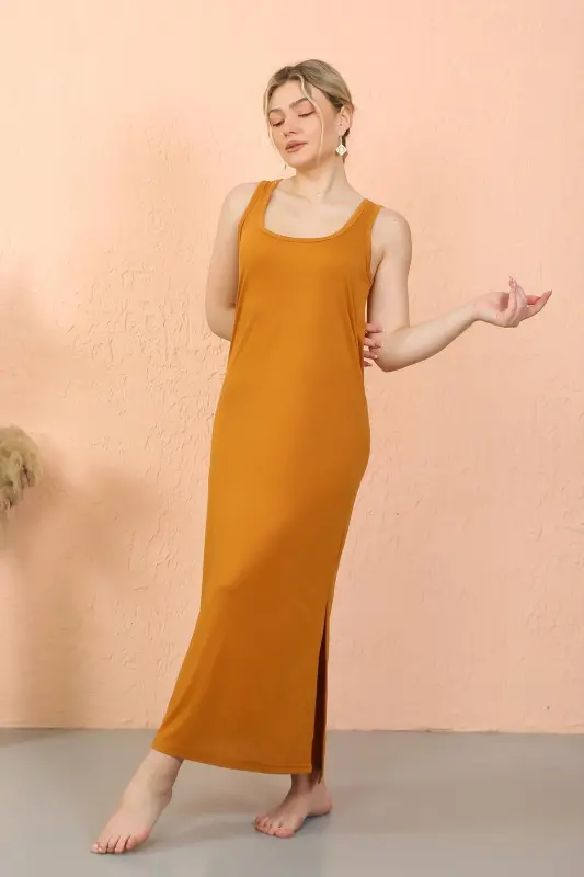 Akbeniz Women's Thick Strap Slit Long Mustard Nightgown 90110 - 1