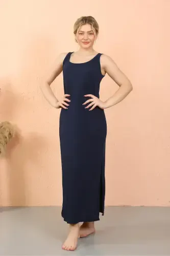 Akbeniz Women's Thick Strap Slit Long Navy Blue Nightgown 90110 