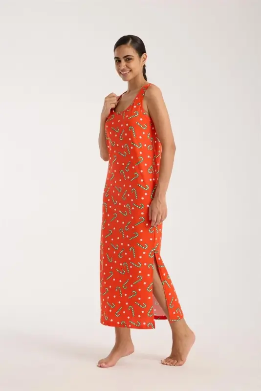 Akbeniz Women's Thick Strap Slit Long Orange Nightgown - 1