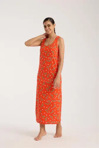 Akbeniz Women's Thick Strap Slit Long Orange Nightgown - 2