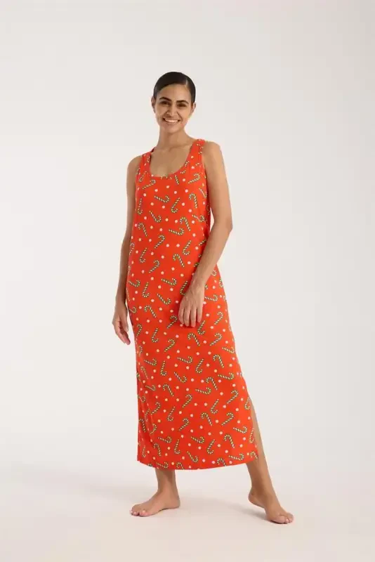 Akbeniz Women's Thick Strap Slit Long Orange Nightgown - 4