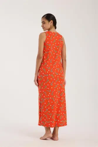 Akbeniz Women's Thick Strap Slit Long Orange Nightgown - 5