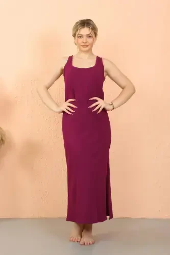 Akbeniz Women's Thick Strap Slit Long Purple Nightdress 90110 