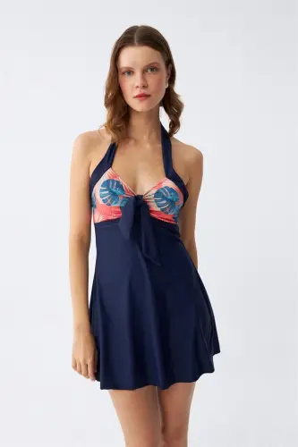 Akbeniz Women's Tropical Patterned Bow Navy Blue Dress Swimsuit - 2