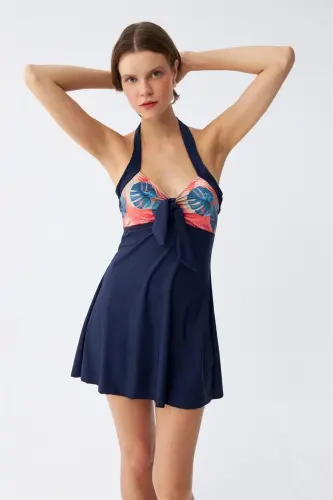 Akbeniz Women's Tropical Patterned Bow Navy Blue Dress Swimsuit - 4