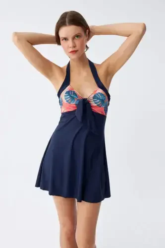 Akbeniz Women's Tropical Patterned Navy Blue Dress Swimsuit with Bow - 4